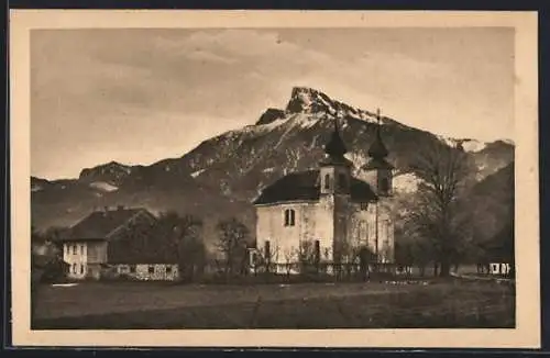 AK St. Lorenz am Mondsee, Kirchenpanorama mit Bergspitze