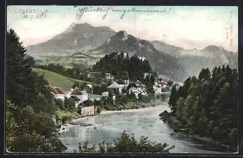 AK Losenstein, Ortsansicht mit Fluss und Bergpanorama