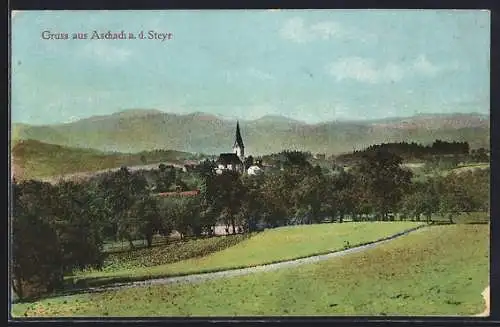 AK Aschach a. d. Steyr, Ortsansicht mit Landstrasse, Kirche und Bergblick