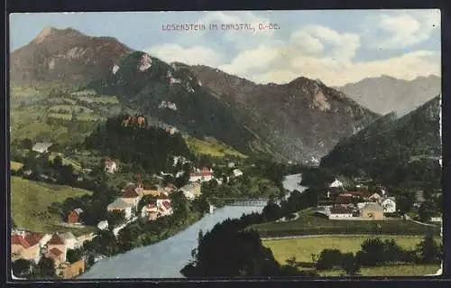 AK Losenstein im Ennstal, Gesamtansicht mit Brücke und Bergpanorama aus der Vogelschau