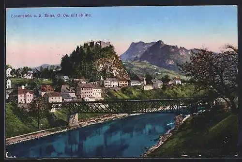 AK Losenstein, Ortsansicht mit Brücke über die Enns, Burgruine und Bergpanorama