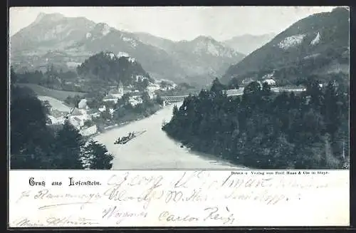 AK Losenstein, Ortsansicht mit Floss, Brücke u. Bergpanorama