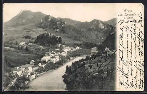 AK Losenstein a. Enns, Ortsansicht mit Brücke u. Bergpanorama