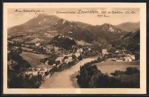 AK Losenstein, Totalansicht mit Ennsbrücke aus der Vogelschau