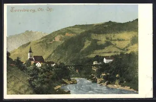 Künstler-AK Ternberg, Brückenpanorama mit Bergblick aus der Vogelschau