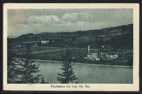 AK Puchenau bei Linz, Ortsansicht vom Wasser aus