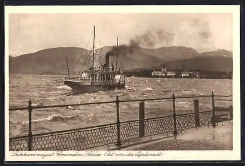 AK Gmunden, Schloss Ort von der Esplanade, Dampfer