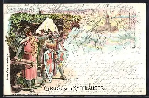 Lithographie Kyffhäuser / Kaiser Wilhelm Denkmal, Barbarossa`s Erwachen