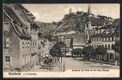 AK Weinheim / Bergstrasse, Marktplatz mit Blick auf Burg Windeck