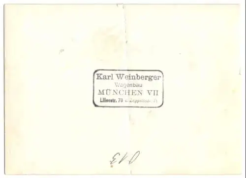 Fotografie einfacher Pritschenwagen / Kutschwagen, Wagenfabrik Karl Weinberger Zeppelinstrasse 71 in München