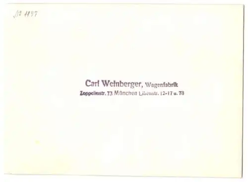 Fotografie Transportwagen mit Umzäunung der Wagenfabrik Karl Weinberger Zeppelinstrasse 71 in München