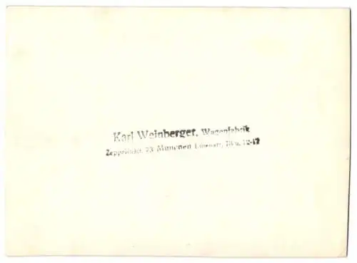 Fotografie Pritschenwagen Sanierungs Anstalt Plattling, Wagenfabrik Karl Weinberger Zeppelinstrasse 71 in München