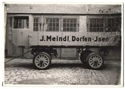 Fotografie Kutschwagen, LKW-Anhänger mit Führerstand J. Meindl, Wagenfabrik Karl Weinberger Zeppelinstrasse 71 in München