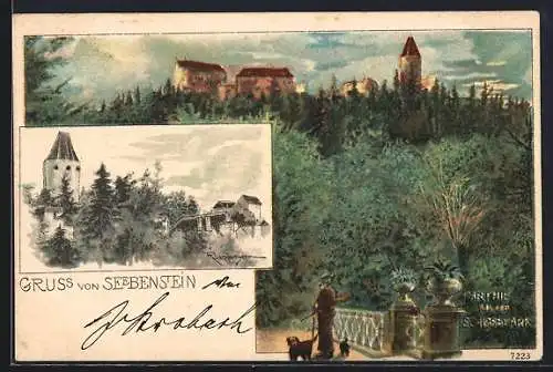 Lithographie Seebenstein, Partie aus dem Schlosspark m. Jäger & Hund