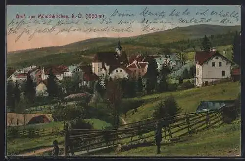 AK Mönichkirchen, Ortsansicht mit Kirche und Bergpanorama