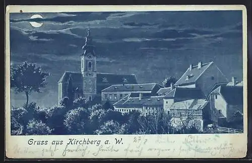 Mondschein-AK Kirchberg a. W., Teilansicht mit Kirche