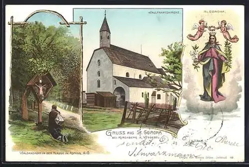 Lithographie St. Corona, Waldandacht in der Klause in Aspang, Hl. Corona, Wallfahrtskirche