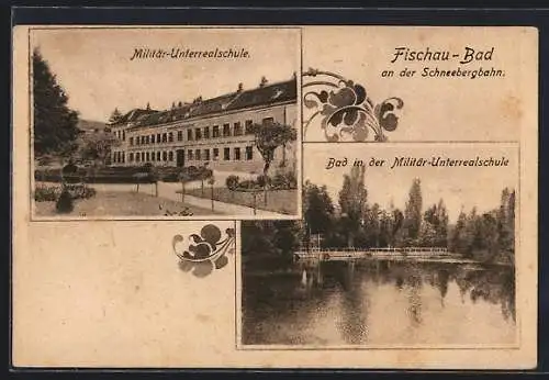 AK Fischau-Bad a. d. Schneebergbahn, Militär-Unterrealschule mit Anlagen, Bad in der Militär-Unterrealschule