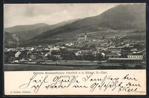 AK Hainfeld a. d. Gölsen, Gesamtansicht mit Bahngelände und Bergpanorama aus der Vogelschau