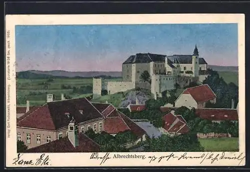 Luna-AK Albrechtsberg, Teilansicht mit Burg und Fernblick aus der Vogelschau