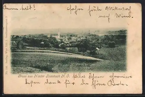 AK Nieder Russbach /N.-Ö., Ortsansicht mit Kirche von einem Feld aus