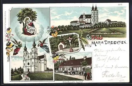 Lithographie Maria Dreieichen, Schiedlbauers Gasthof, Bründl, Kirche mit schwebender Madonna, Ortsansicht