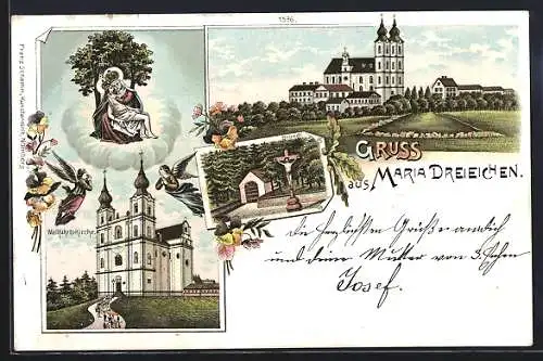 Lithographie Maria Dreieichen, Teilansichten mit Wallfahrtskirche und Bründl