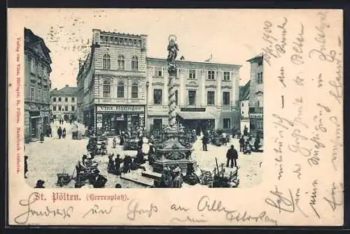 AK St. Pölten, Herrenplatz mit Geschäft Vinz. Hofinger