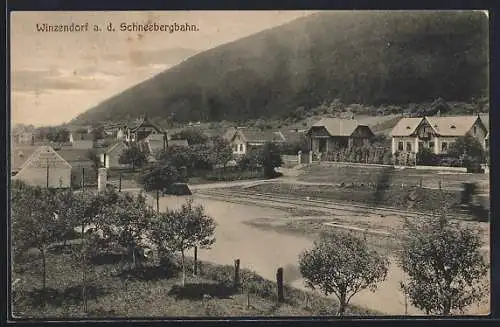 AK Winzendorf a. d. Schneebergbahn, Ortspanorama mit Gasthof Hofmühle und Bahnübergang