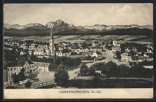 AK Lanzenkirchen /N.-Ö., Totalansicht mit Strasse, Brücke u. Bergpanorama aus der Vogelschau