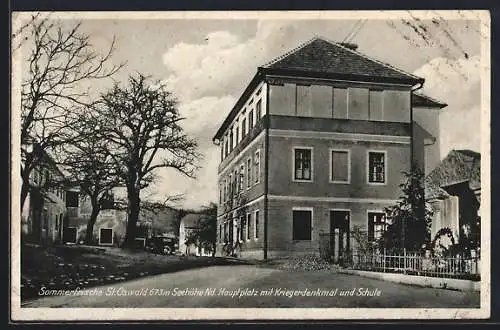 AK St. Oswald, Hauptplatz mit Kriegerdenkmal und Schule