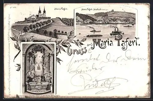 Lithographie Maria Taferl, Gnadenaltar, Kirche und Totalansicht