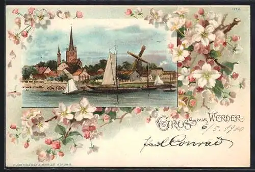 Passepartout-Lithographie Werder / Havel, Ortsansicht mit Segelbooten und Windmühle, Baumblüten