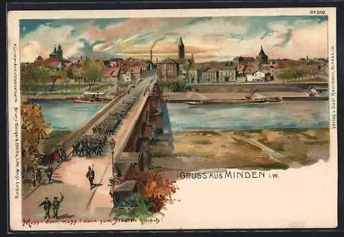 Lithographie Minden / Westf., Soldaten marschieren auf der Brücke