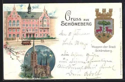 Lithographie Schöneberg, Wappen der Stadt, Rathaus und Kirche, Strassenbahn