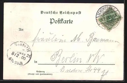 Lithographie Schöneberg, Wappen der Stadt, Rathaus und Kirche, Strassenbahn