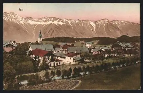 AK Igls, Ortsansicht gegen das Gebirge