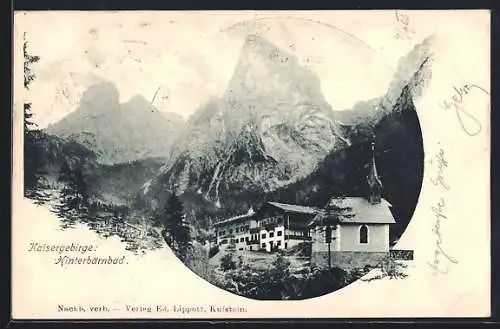 AK Hinterbärnbad im Kaisergebirge, Teilansicht mit Kapelle gegen die Berge