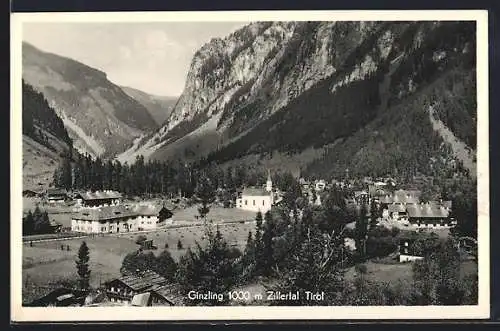 AK Ginzling in Tirol, Blick durch das Zillertal mit Blick zur Kirche