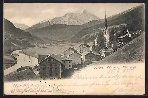 AK Sölden im Oetzthal, Ortsansicht mit der Kirche und Blick zum Nöderkogel