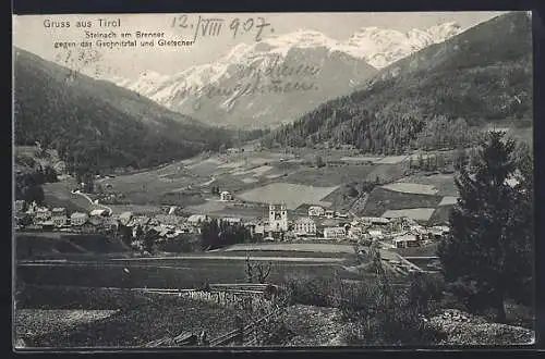 AK Steinach am Brenner, Ortsansicht gegen Gschnitztal und Gletscher