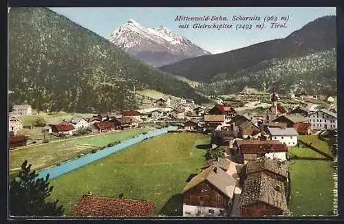 AK Mittenwald, Fernansicht mit Scharnitz und Gleirschspitze