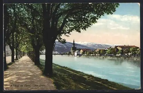 AK Schwaz in Tirol, Inn-Allee mit Kirche