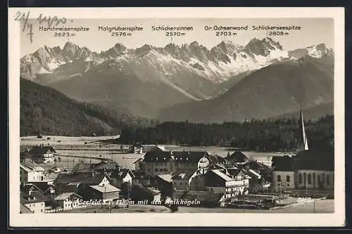 AK Seefeld i. T., Teilansicht mit den Kalkköglen, Gr. Ochsenwand, Schlickerzinnen und Schlickerseespitze