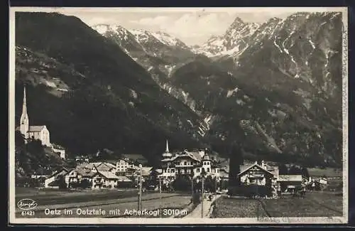 AK Oetz im Oetztal, Ortsansicht mit Acherkogel