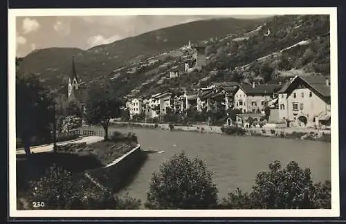 AK Chiusa d` Isarco, Totale mit Kirchturm und Fluss