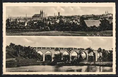 AK Hof / Bayern, Teilansicht mit Kirche, Eisenbahnbrücke