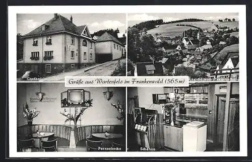 AK Wartenfels, Gasthof Pension zum Berghof, Inh. T. Schütz, Fernsehecke, Schänke, Aussen- u. Innenansichten