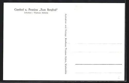 AK Wartenfels, Gasthof Pension zum Berghof, Inh. T. Schütz, Fernsehecke, Schänke, Aussen- u. Innenansichten