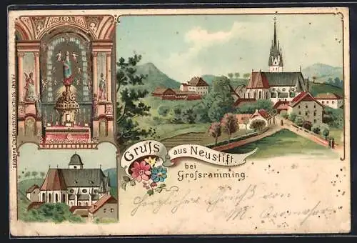 Lithographie Maria Neustift, Inneres der Kirche, Ortspartie mit Kirchturm